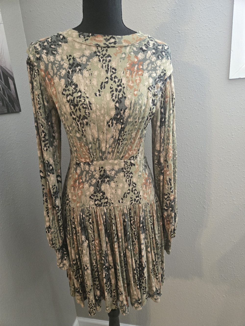 Free People Green Cream and Rust Abstract Floral Long Sleeve Pleated Dress